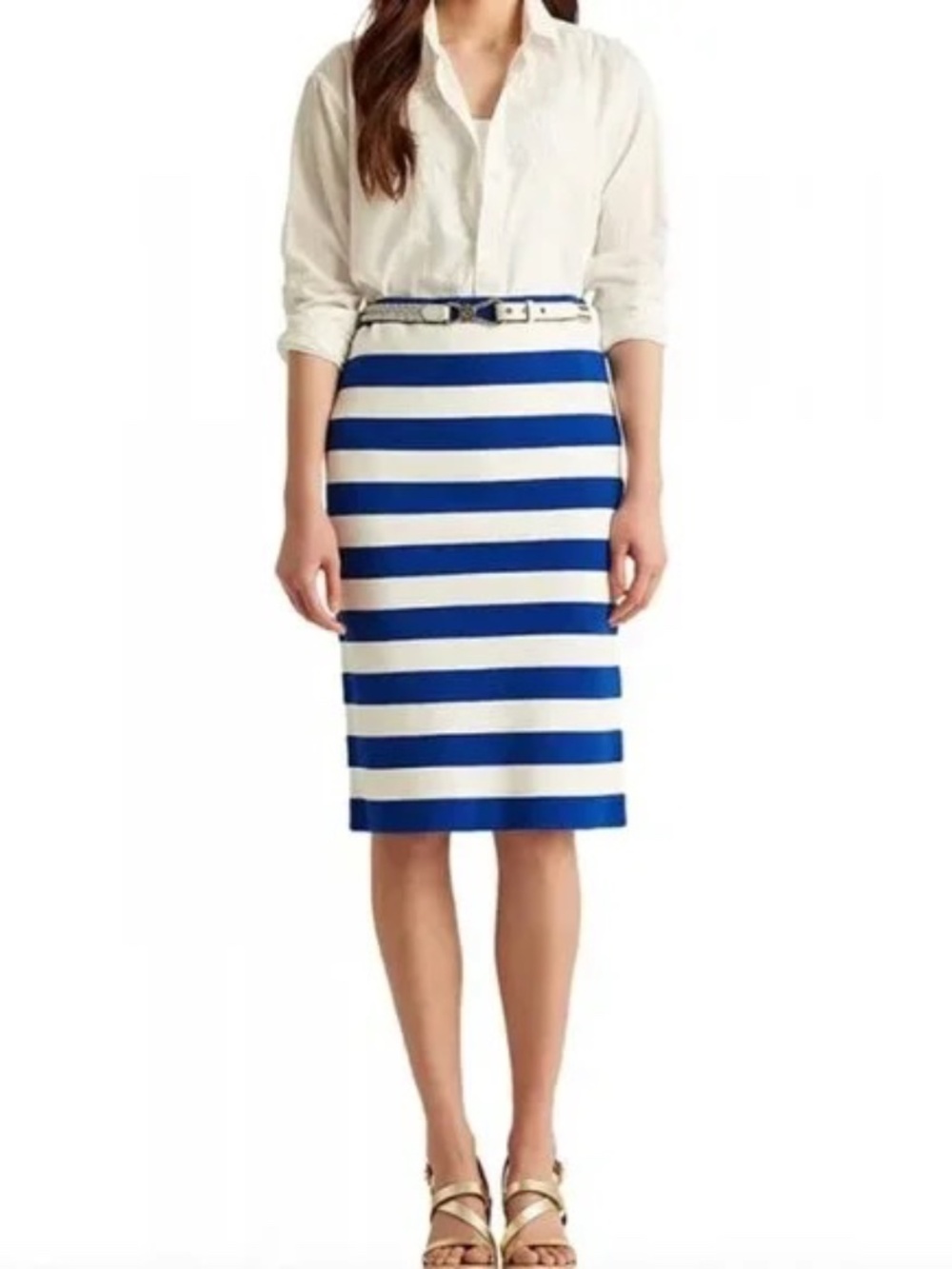 Ralph Lauren Blue White Striped Knit Skirt XL Nautical Coastal Pencil Stretch